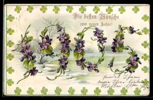 AK Neujahrsgruss mit aus lilafarbenen Blumen geformter Jahreszahl 1905