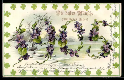 AK Neujahrsgruss mit aus lilafarbenen Blumen geformter Jahreszahl 1905