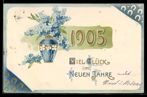 AK Jahreszahl 1905 neben einer Vase mit Vergissmeinnicht