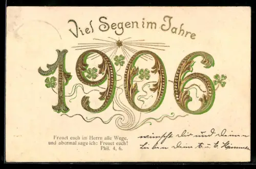 AK Jahreszahl 1906 mit Kleeblättern und goldenen Zahlen