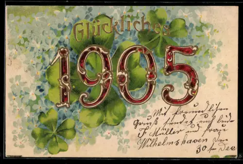 Präge-AK Jahreszahl 1905 auf einem Feld von Vergissmeinnicht mit Klee