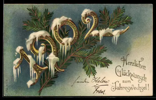Lithographie Glückwünsche zum Jahreswechsel 1902