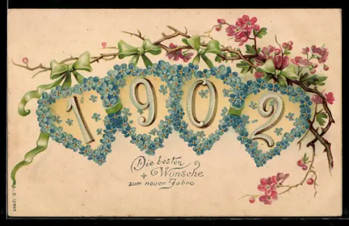 Lithographie Glückliches Naujahr, Jahreszahl 1902 in Blütenherzen
