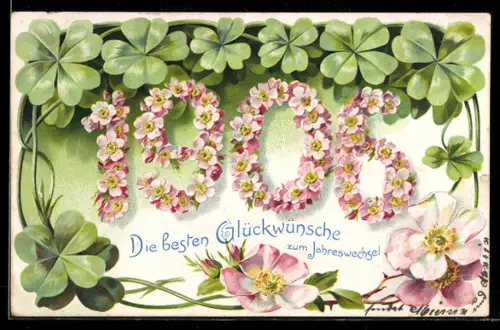 AK Jahreszahl aus Blumen mit Kleeblätern, Neujahrsgruss 1906