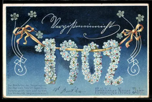 AK Fröhliches Neues Jahr, Vergissmeinnicht 1902, Jahreszahl aus Blumen