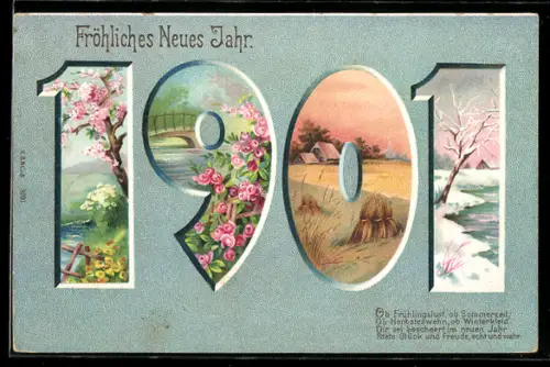AK Jahreszahl 1901 mit verschieden Landschaftsansicht, Fröhliches Neues Jahr