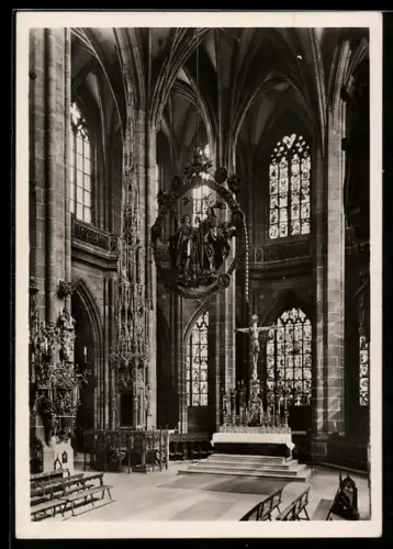 Foto-AK Deutscher Kunstverlag, Nr. 51: Nürnberg, St. Lorenz, Innenraum mit Sakramentsturm