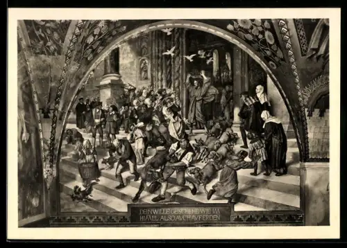 AK Loccum, Wandgemälde im Laienrefektorium, Die Austreibung der Händler aus dem Tempel zu Jerusalem