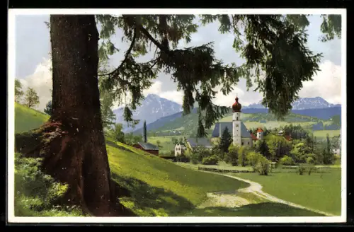 Künstler-AK Photochromie Serie 356 Nr. 5071: Blick auf ein Dorf und ein Gebirge