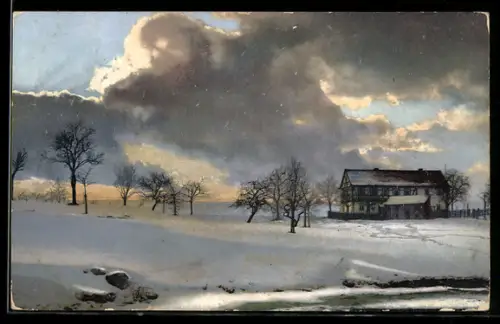 Künstler-AK Photochromie Nr. 1491: Winterlandschaft mit Hütte