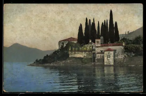 Künstler-AK Photochromie Nr. 1849: Uferpartie mit Zypressen