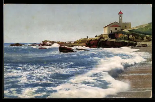 Künstler-AK Photochromie Nr. 2623: Riviera di Ponente, Bordighera, Strand mit Kapelle