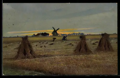 AK Photochromie NR. 2259: Bauern bei der Feldarbeit, Windmühle
