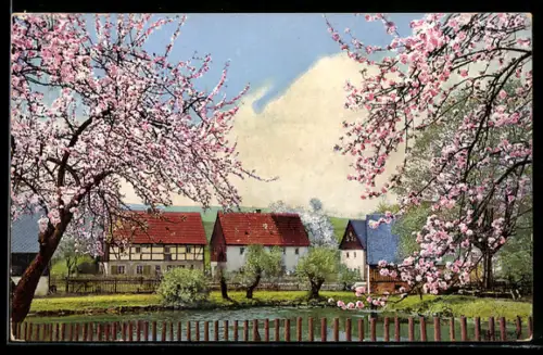 Künstler-AK Photochromie Nr. 3413: Häuser in Landschaft bei Baumblüte