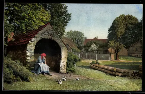 Künstler-AK Photochromie Nr. 1910: Bäuerin auf ihrem Bauernhof