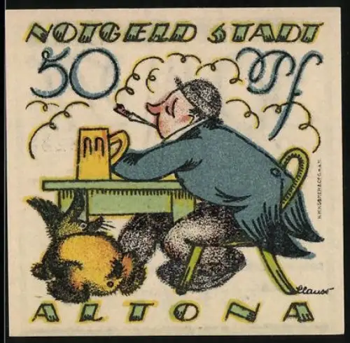 Notgeld Altona 1921, 50 Pf, Mann mit Bierkrug und Hund, Stadtwappen mit drei Türmen