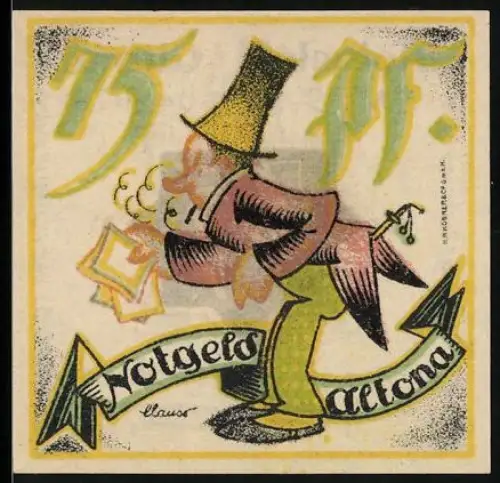 Notgeld Altona 1921, 75 Pf, Zeichnung eines Mannes im Zylinder mit Gehstock und Brief