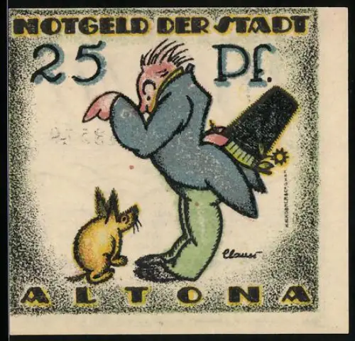 Notgeld Altona 1921, 25 Pf, Karikatur eines Mannes mit Hase und Stadtwappen