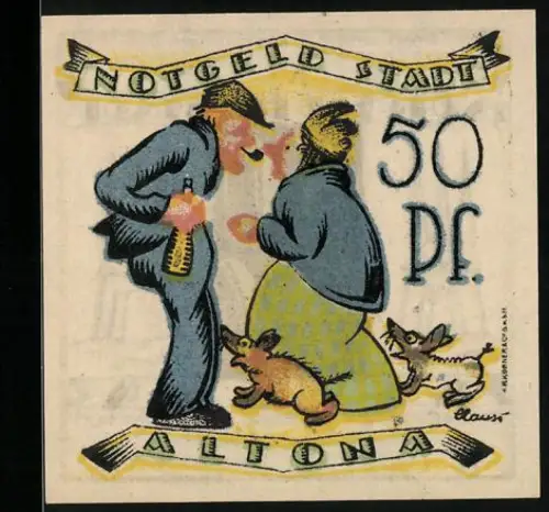 Notgeld Altona 1921, 50 Pf, Mann und Frau mit Schweinen und Flaschenmotiv