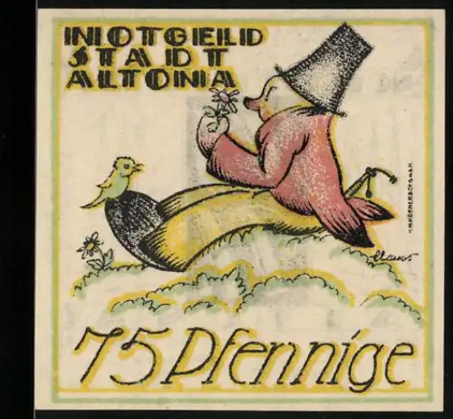 Notgeld Altona 1921, 75 Pfennig, Figur mit Blume und Vogel auf Wolke, Türme und Schriftzüge