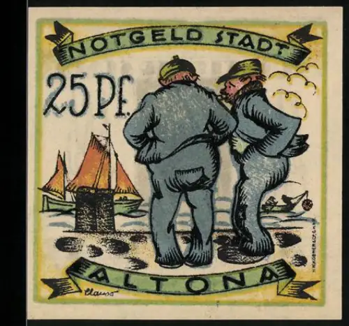 Notgeld Altona 1921, 25 Pf, zwei Männer mit Segelbooten und Kirchtürmen