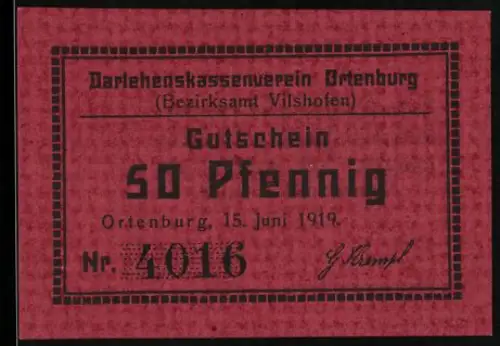Notgeld Ortenburg 1919, 50 Pfennig, roter Gutschein des Darlehenskassenvereins Ortenburg