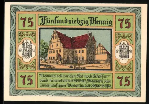 Notgeld Aken /Elbe 1921, 75 Pfennig, Rathaus und Stadtwappen mit Heiligenfigur