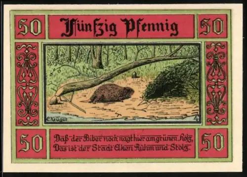 Notgeld Aken /Elbe 1921, 50 Pfennig, Biber im Wald und Stadtwappen mit Türmen und Figur