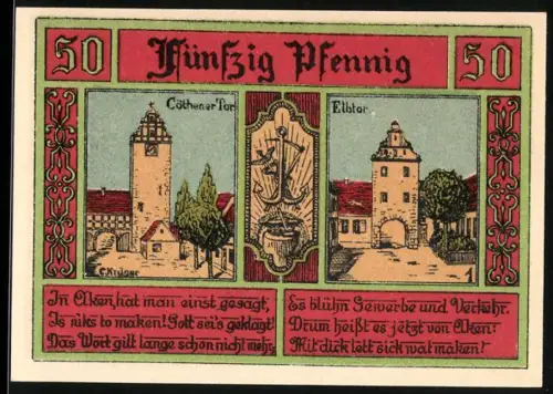 Notgeld Aken /Elbe 1921, 50 Pfennig, Cöthentor und Elbtor, Stadtwappen mit Türmen und Figur