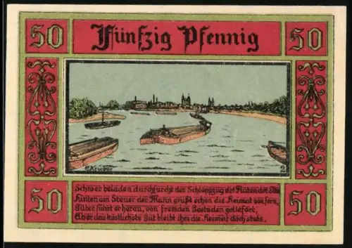 Notgeld Aken /Elbe 1921, 50 Pfennig, Hafenansicht und Stadtwappen mit Türmen und Figur