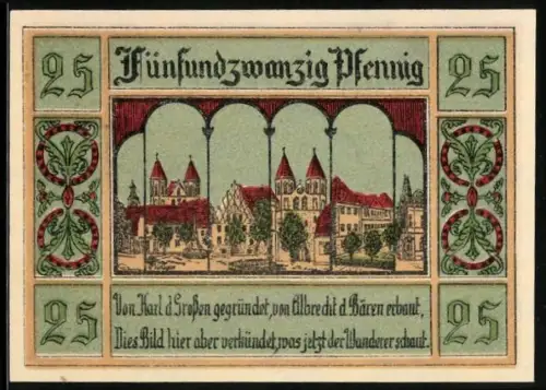 Notgeld Aken /Elbe 1921, 25 Pfennig, Ortsansicht und Wappen von Aken /Elbe