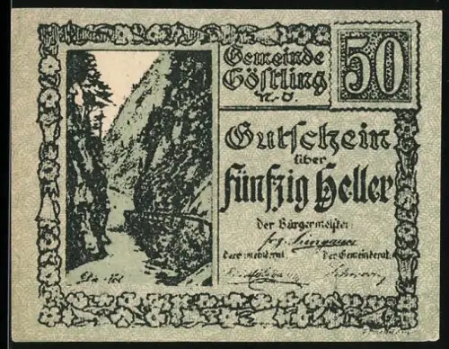 Notgeld Göstling /N.-Ö., 50 Heller, Landschaft mit Schlucht und poetischer Inschrift