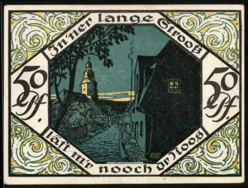 Notgeld Scheibenberg 1921, 50 Pfennig, Gasse des nachts und Bergmann mit Landschaftsmotiv