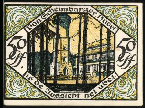 Notgeld Scheibenberg 1921, 50 Pfennig, Aussichtsturm und Bergmann mit Urkunde