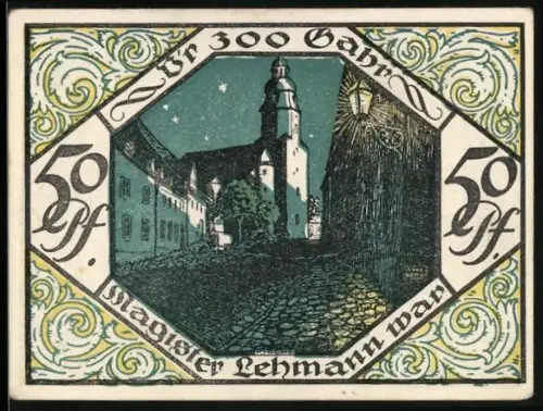 Notgeld Scheibenberg 1921, 50 Pfennig, Ortspartie bei Nacht und Bergmann mit Bergbauwerkzeugen