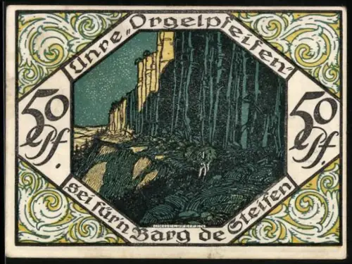 Notgeld Scheibenberg 1921, 50 Pfennig, Partie bei den Felsen und Bergmann vor der Stadt