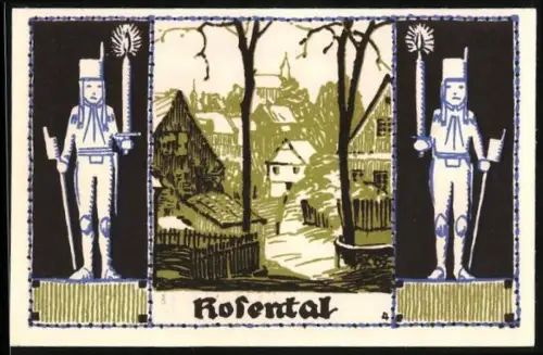 Notgeld Schneeberg 1921, 50 Pfennig, Bergleute und Wappen, Ortsansicht Rosental