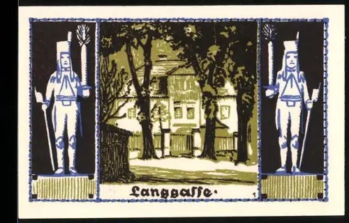 Notgeld Schneeberg 1921, 50 Pfennig, Langgasse mit Wächterfiguren und Wappen im Hintergrund