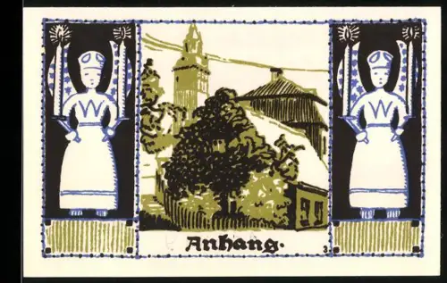 Notgeld Schneeberg 1921, 50 Pfennig, zwei Figuren und Ortsansicht mit Kirchturm, Wappen mit Bergleuten