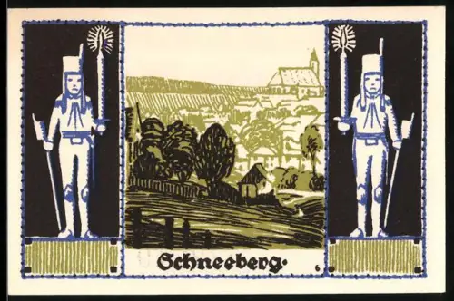 Notgeld Schneeberg 1921, 50 Pfennig, Bergmann und Ortsansicht, Wappen
