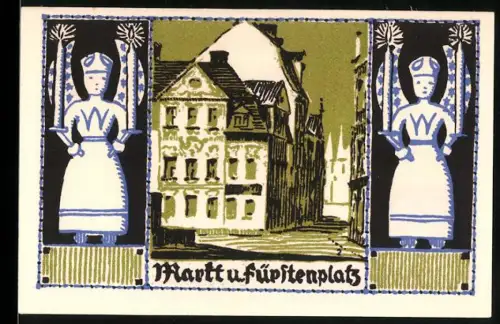 Notgeld Schneeberg 1921, 50 Pfennig, Markt und Fürstenplatz, Wappen und Figuren