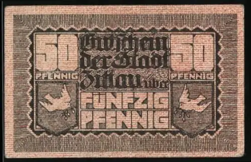 Notgeld Zittau 1919, 50 Pfennig, Ortsansicht mit Türmen und Schriftzug