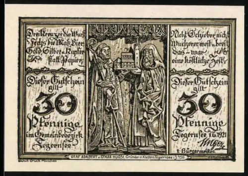 Notgeld Tegernsee 1921, 30 Pfennig, Graf Adalbert und Klosteransicht 1702 mit Wappen