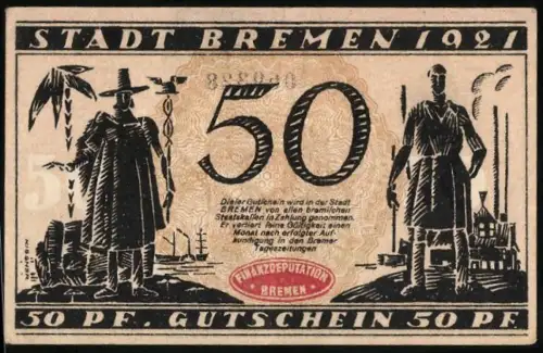 Notgeld Bremen 1921, 50 Pf, Kolonialszene und Ortsansicht mit Kirchtürmen