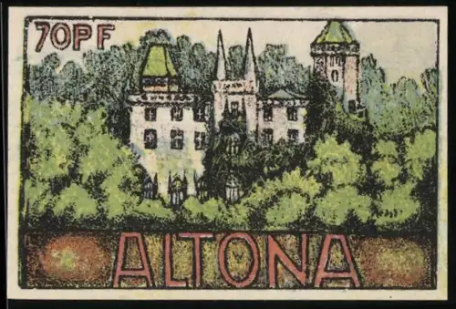 Notgeld Altona 1921, 70 Pf, Schloss und Kirchtürme in Landschaft