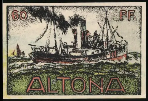 Notgeld Altona 1921, 60 Pf, Dampfschiff und Kirche mit drei Türmen