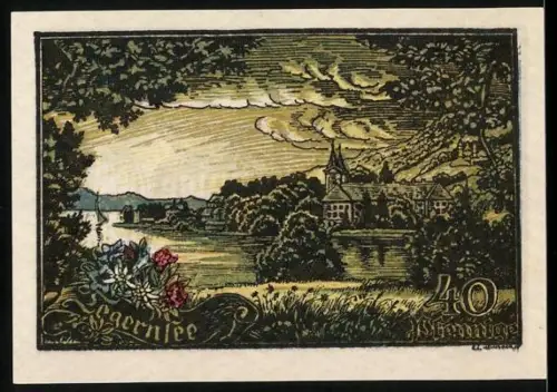 Notgeld Tegernsee 1921, 40 Pfennig, Landschaft mit Schloss und Paar in Tracht
