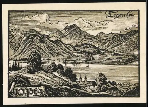 Notgeld Tegernsee 1921, 10 Pfennig, Berglandschaft mit See und Wappen