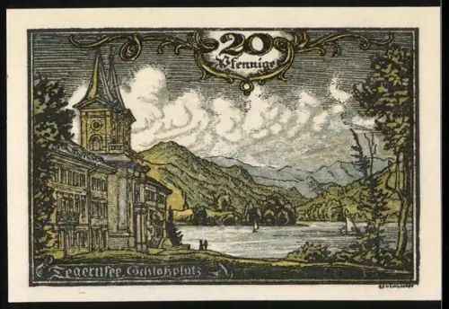 Notgeld Tegernsee, 20 Pfennig, Schlossplatz mit Berglandschaft und Wappen