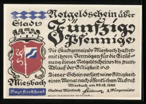 Notgeld Miesbach 1920, 50 Pfennig, Wappen und bayerische Landschaftsszene